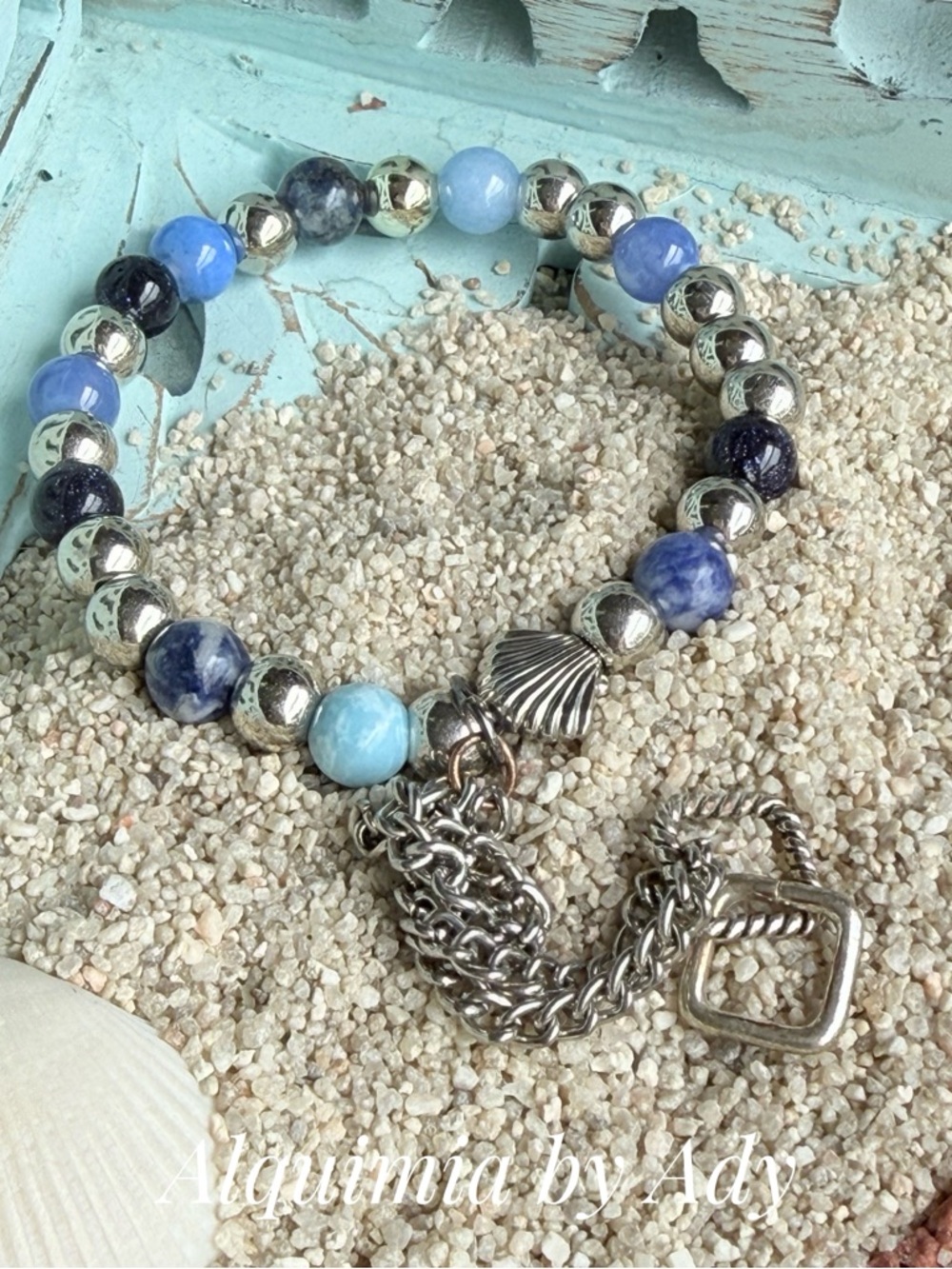 LAPIS AND LARIMAR Ocean Tones Beaded Silver SHELLS 🐚 Charm Bracelet